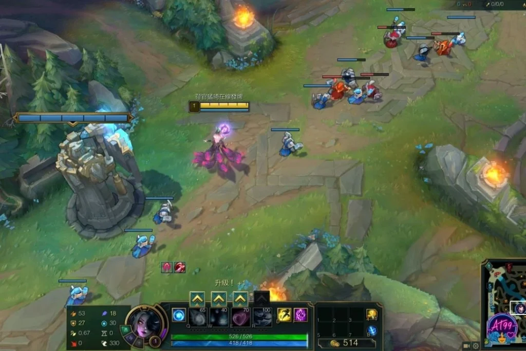 電競世界盃項目——英雄聯盟（League of Legends）戰隊實戰對決與地圖推塔畫面。