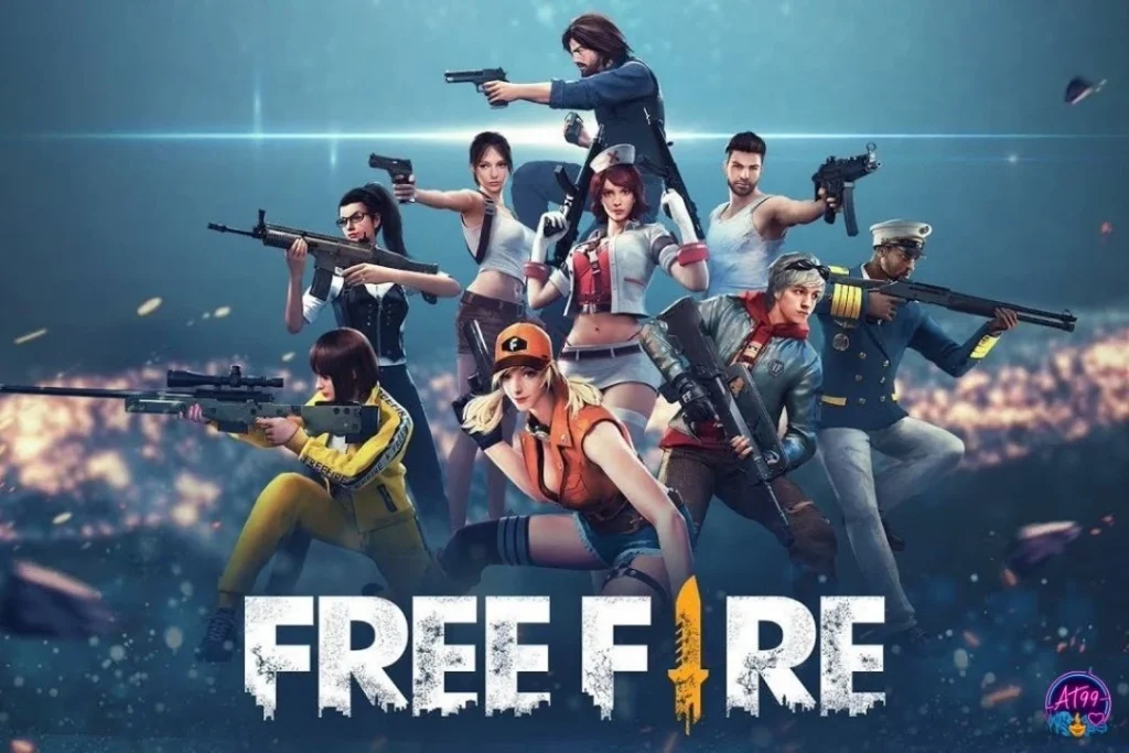 電競世界盃項目——Free Fire 我要活下去手遊大逃殺戰隊角色與槍戰視覺海報。