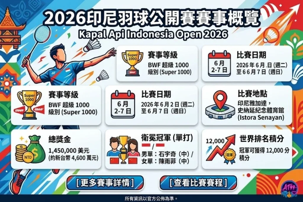 2026印尼羽球公開賽日期、級別與地點資訊表，BWF Super 1000 頂尖賽事。