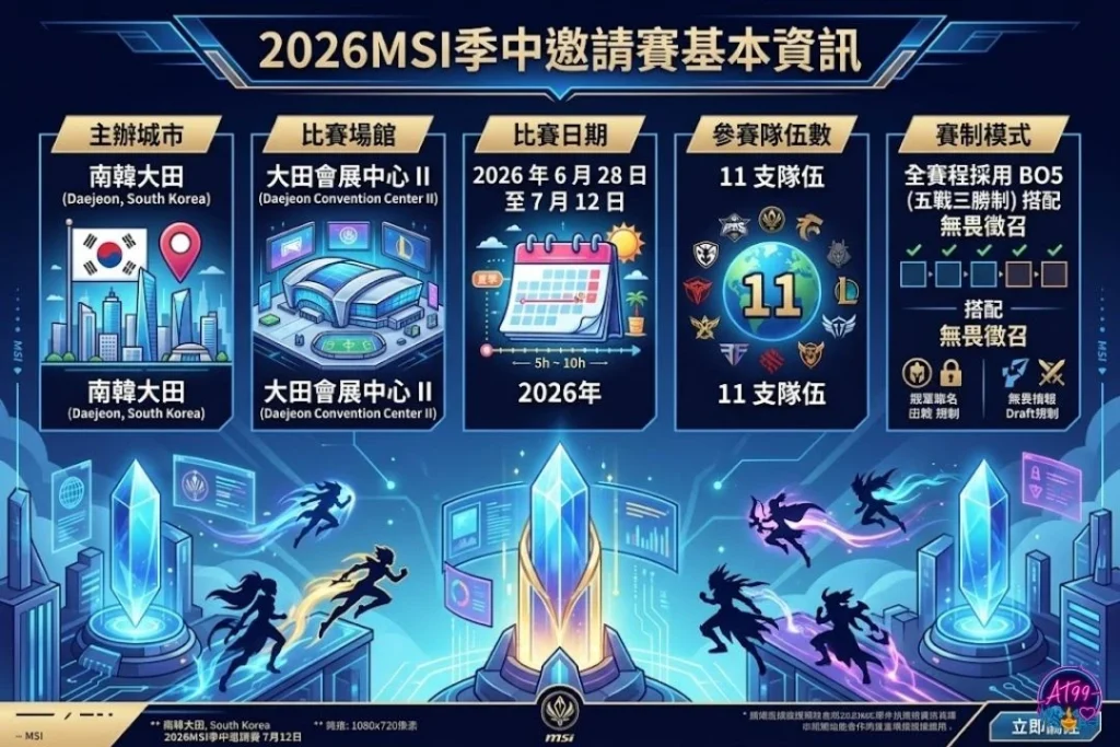 2026英雄聯盟季中邀請賽基本資訊表，包含比賽日期、地點與參賽隊伍數。