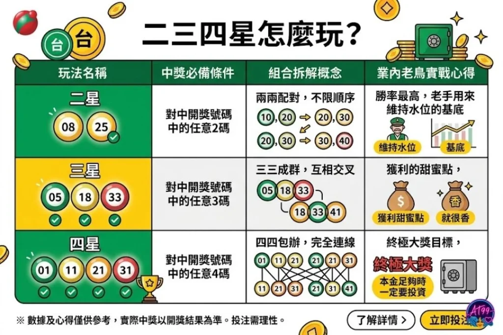 二三四星怎麼玩基礎規則圖解，包含二星、三星、四星的開獎球數對獎邏輯與投資回報率評估。