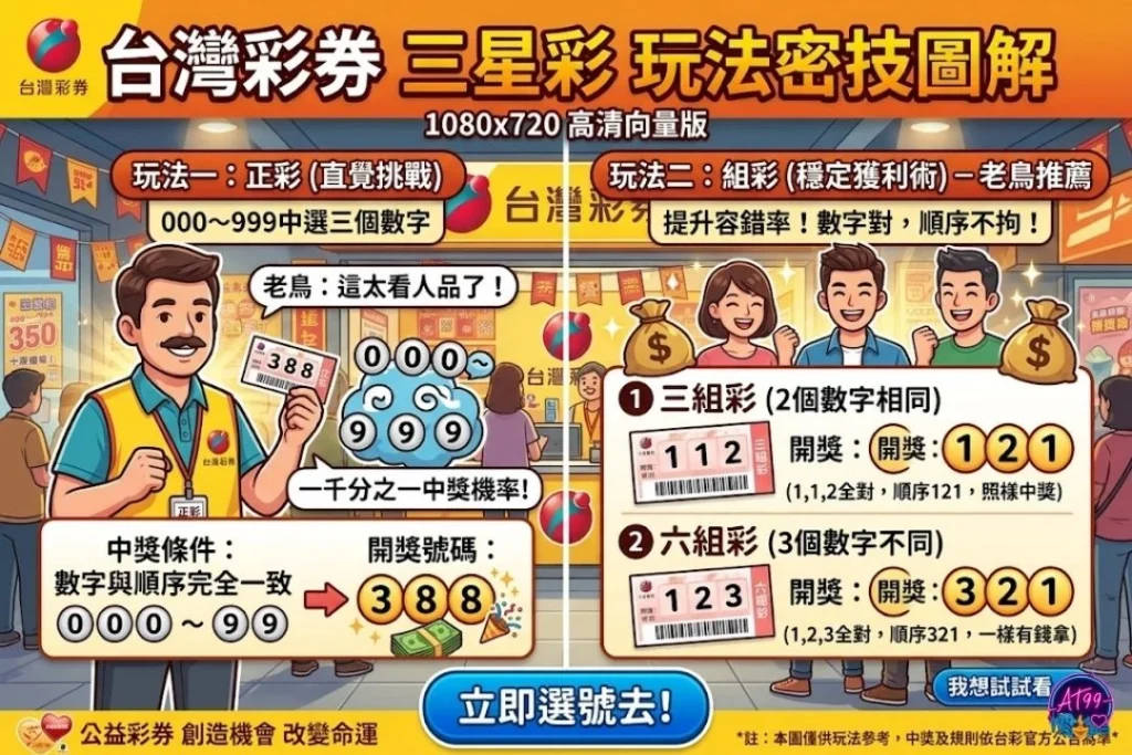 台灣彩券三星彩玩法密技圖解，包含正彩、組彩、對彩的三星彩中獎金額與中獎條件。