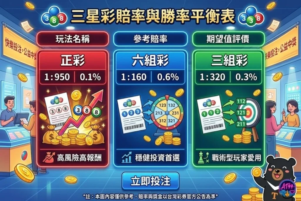 三星彩賠率與中獎機率平衡表，對比正彩、組彩的投注回報率與三星彩期望值。