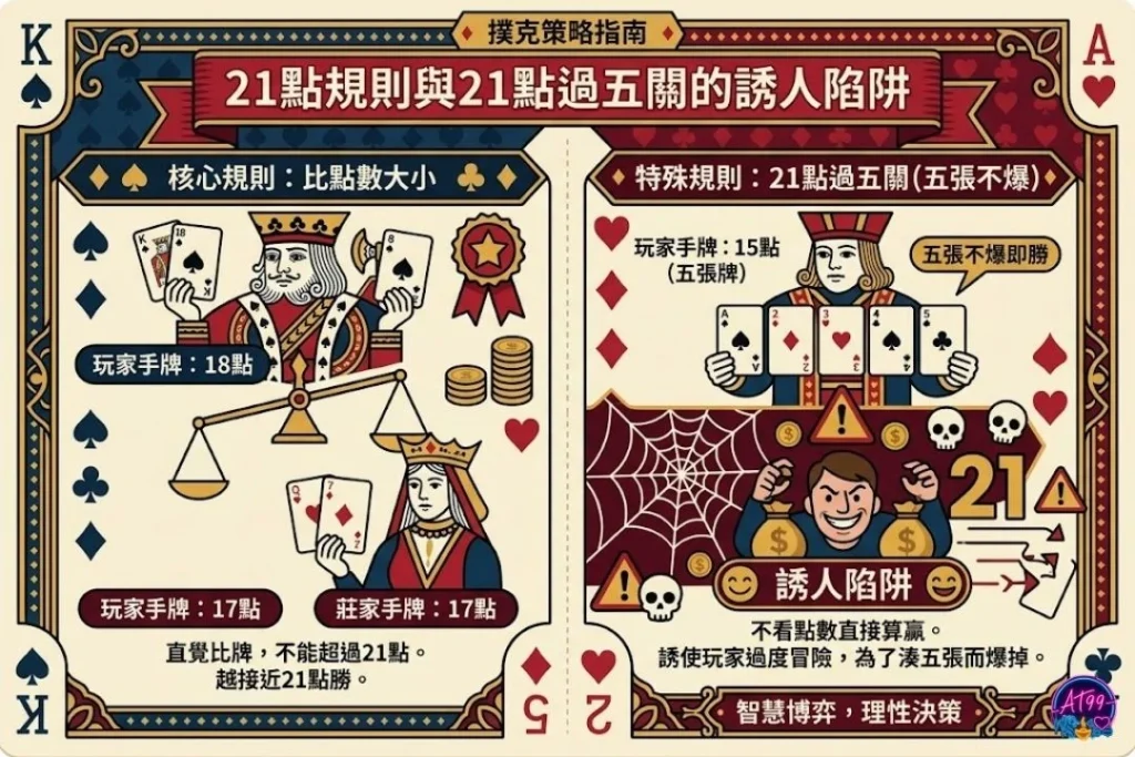 21點規則與特殊牌型陷阱圖解，包含點數計算比較、21點過五關特殊規則與保險機制分析。