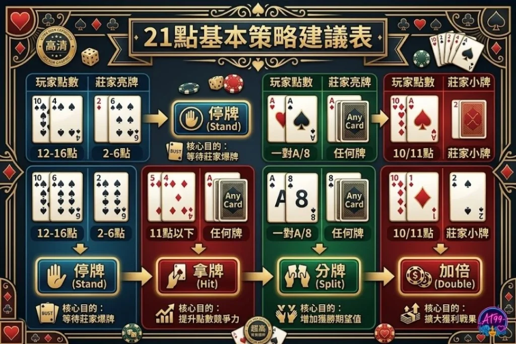 專業21點基本策略表，包含停牌、要牌、分牌與21點雙倍下注時機的交叉數據對照。