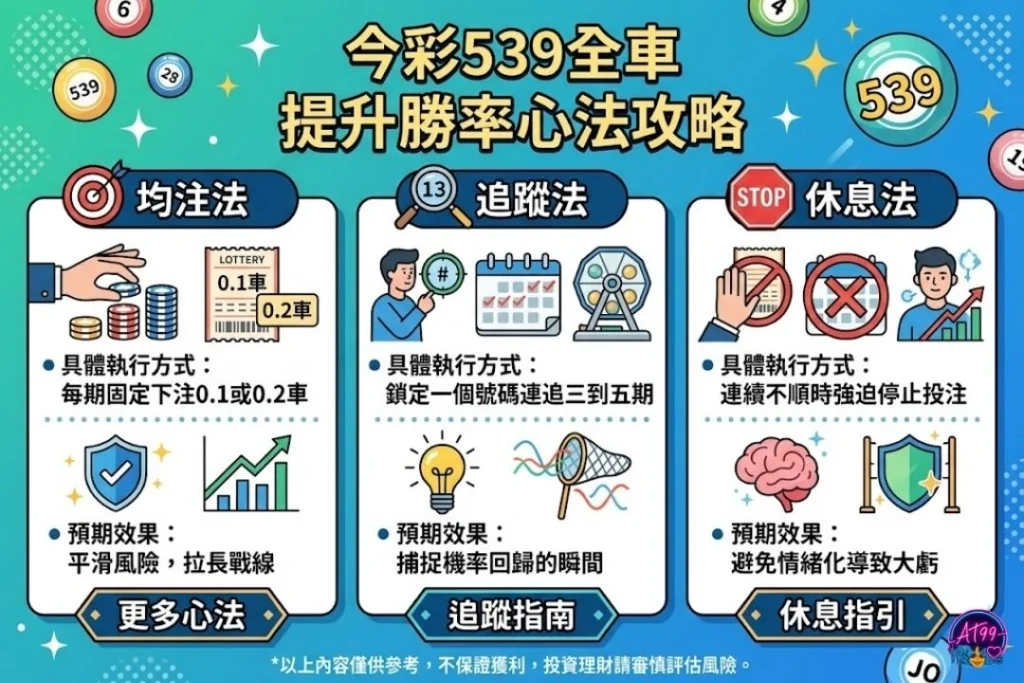 介紹539全車三種下注心法：均注法、溫和法、休息法的執行方式與預期效果