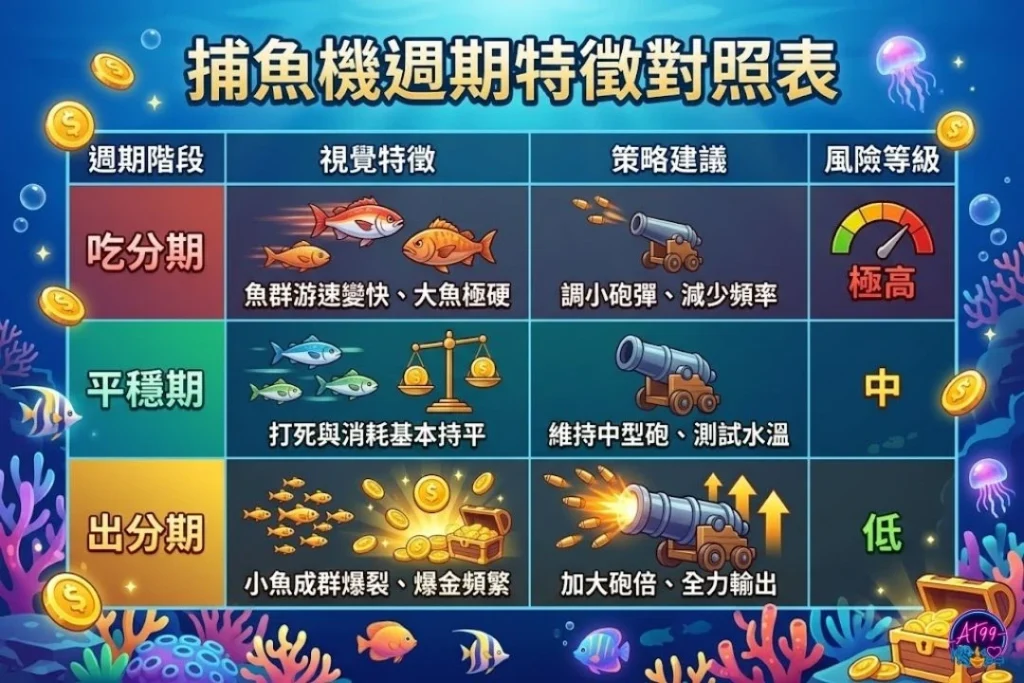 捕魚機週期特徵對照表，深度拆解捕魚機吃分期、平穩期與捕魚機吐分期的特徵與風險。