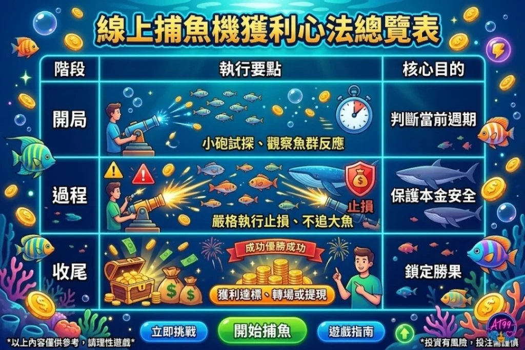 線上捕魚機獲利心法總覽表，包含捕魚機點射技巧、捕魚機賠率計算與高倍率 Boss 應對手段。
