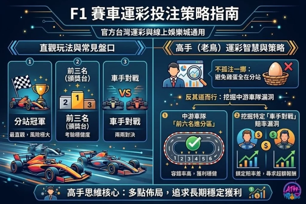 F1運彩玩法與投注策略指南圖解，包含桿位車手、分站冠軍與最快圈速判定。