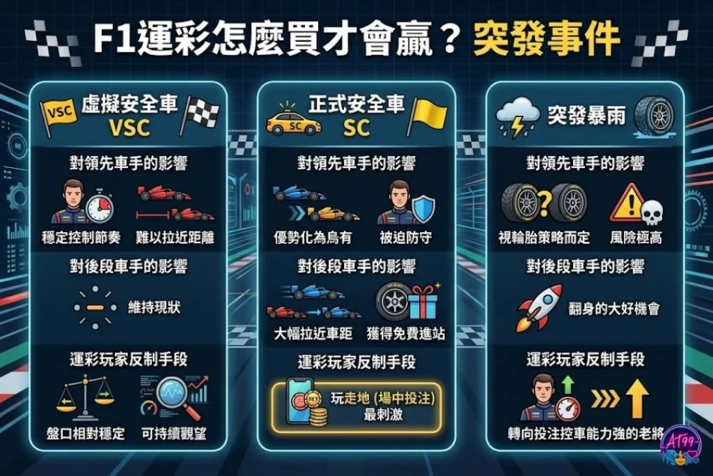 F1運彩分析突發事件應對心法表，包含虛擬安全車VSC、安全車SC與突降暴雨的輪胎更換策略。