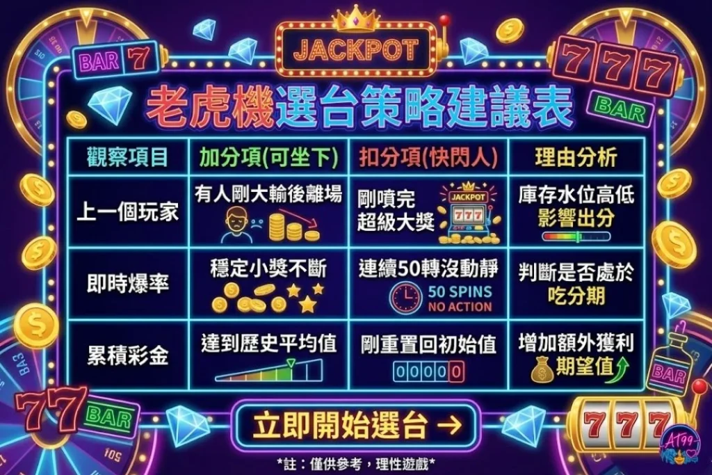 老虎機選台策略建議表，包含觀察上一個玩家、即時機台測試與累積彩金的加分項理由分析。