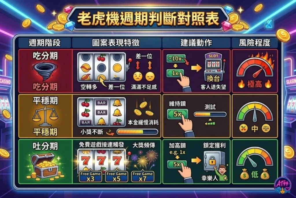 老虎機週期判斷對照表，深度拆解吃分期、平穩期與線上老虎機吐分期的玩家特徵與建議動作。