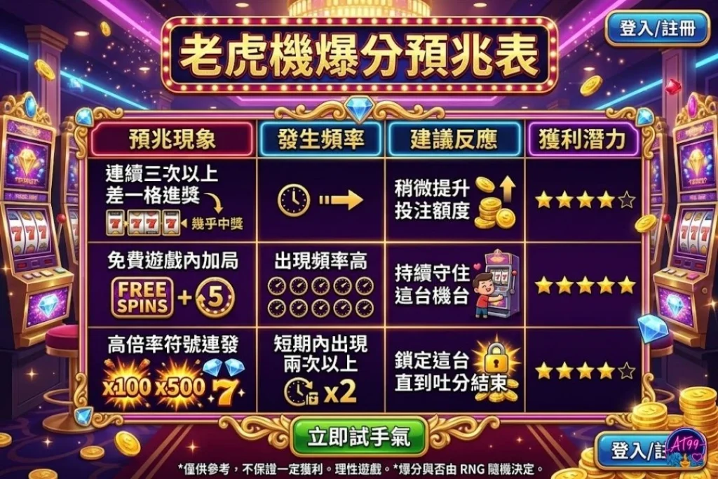 老虎機爆分預兆表，分析免費遊戲連發時機、符號頻率與線上老虎機吐分期的預估獲利力。