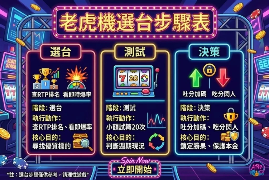 老虎機選台步驟表，引導玩家落實選台、測試與決策，包含老虎機機台編號選擇核心標準。