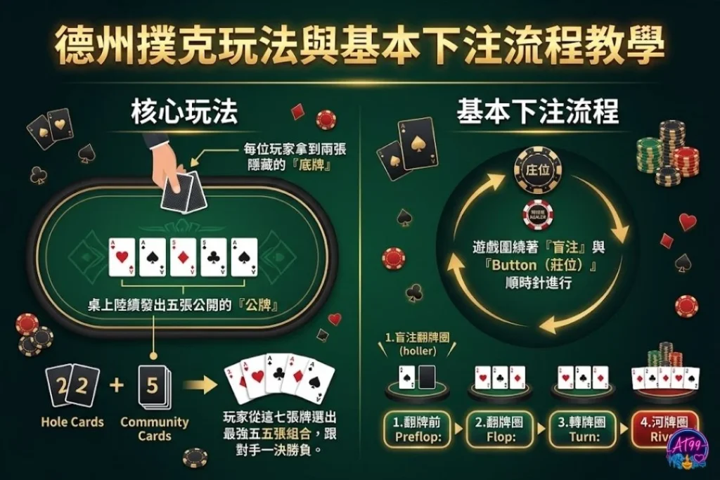 德州撲克玩法與基本下注流程教學圖解,包含翻牌前、翻牌、轉牌與河牌圈的行動輪次。