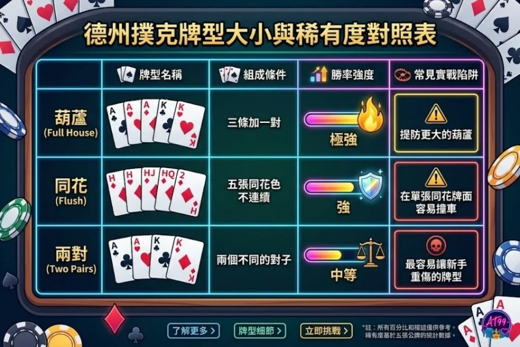 德州撲克牌型大小與出現機率密度對照表,包含同花順、葫蘆、同花與順子之強弱對比。