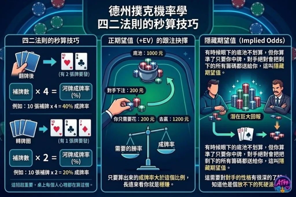 德州撲克機率與二四法則推算秒殺技巧圖,解密補牌、聽牌與期望值平衡表。