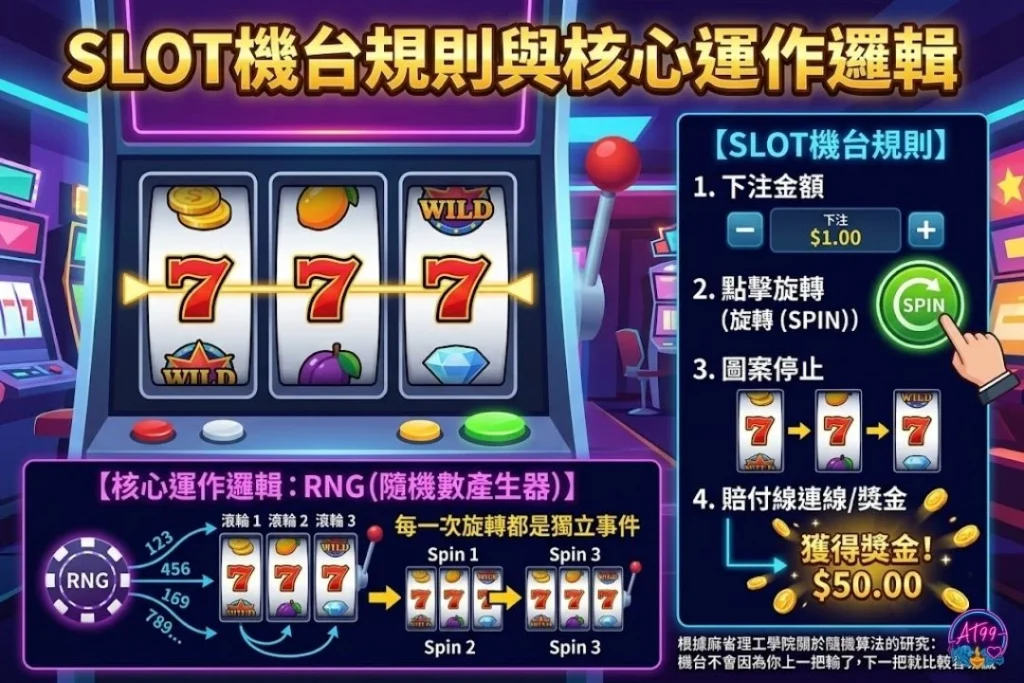 SLOT機台規則與核心運作邏輯圖解，包含RNG隨機數產生器原理與老虎機中獎判定。