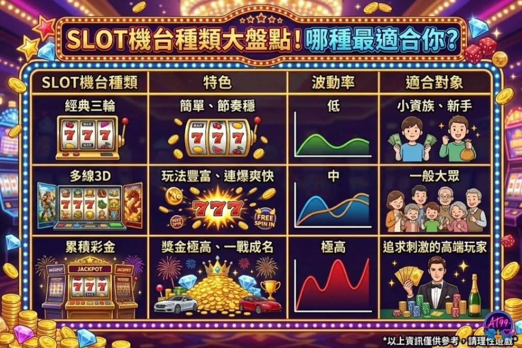 SLOT機台種類大盤點表格，對比經典三輪、多線式SLOT與累積彩金老虎機的波動率。