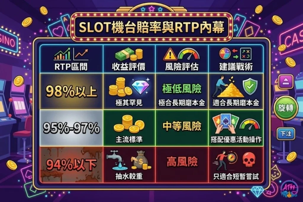 SLOT機台賠率與老虎機RTP查詢內幕對照表，拆解高回報、中風險與低返還率的數據區間。