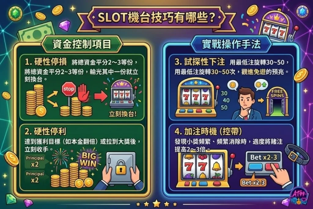老玩家不外傳的SLOT機台技巧，包含資金控制、試探性下注與SLOT免費遊戲購買時機。