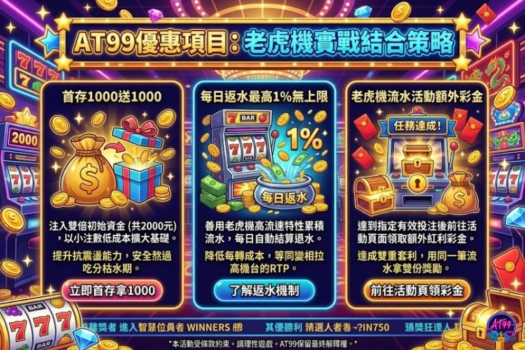 AT99老虎機實戰選台策略與優惠指南，包含儲值回饋、流水退水與即時試玩福利。