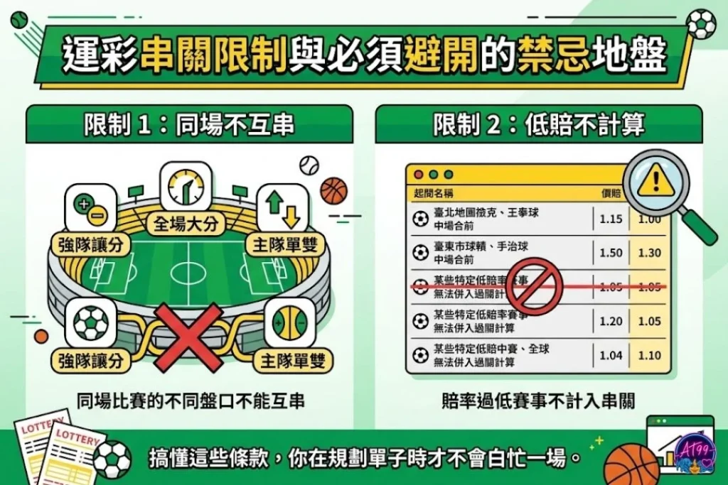 運彩串關限制與兩大禁區對照圖,包含同場賽事不得互串與特定限制不給過關之規則。