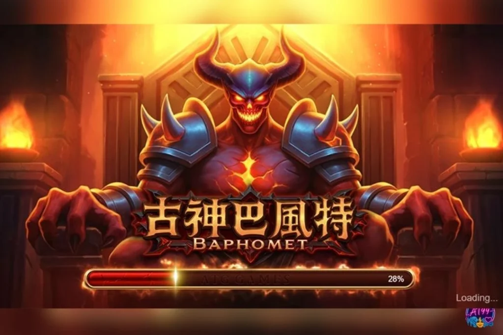 ATG新遊戲古神巴風特老虎機加載畫面，特寫羊頭惡魔巴風特暗黑魔王視覺、神廟火光與下方的實時讀條。