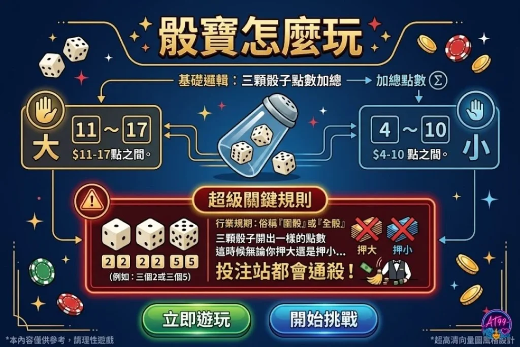 骰寶玩法三大骰子基礎規則圖解，展示總和11至17為大、4至10為小與圍骰通殺的底層邏輯。