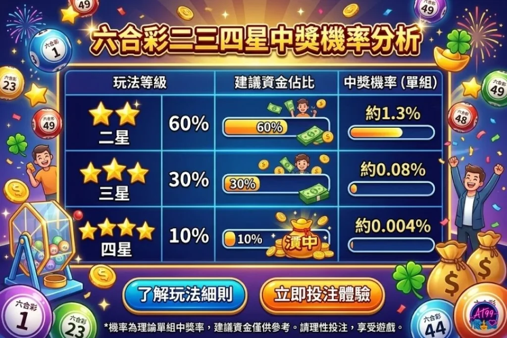 六合彩二三四星中獎機率精算表格，解析落入49個號碼對照當晚六合彩開獎號碼與特別號的開出率。