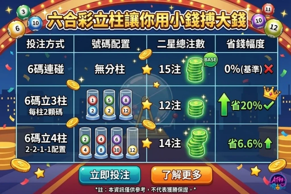 六合彩立柱與連碰下注成本精算策略表，橫向評比6碼連碰與6碼立柱的總注數、本金對照與省錢效益。