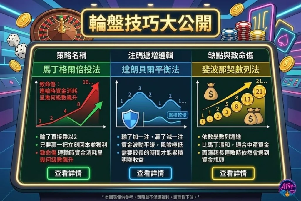 輪盤技巧大公開表格，詳細拆解馬丁格爾倍投法、達蘭貝爾策略與斐波那契數列下注法之盈虧走勢與風控。