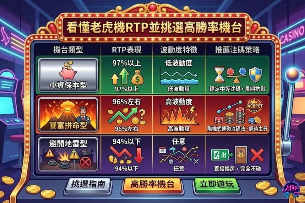 看懂老虎機RTP與三大週期特徵對照表,解析高回報率機台在吃分期、吐分期與過渡期的老虎機機率走勢。