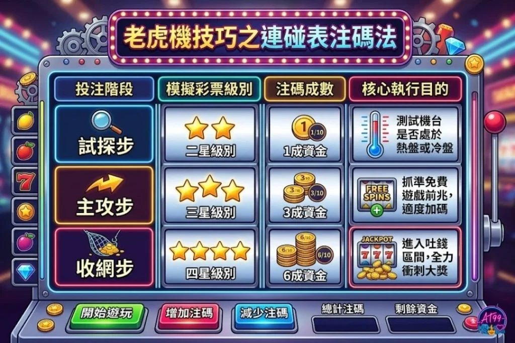 老虎機技巧之階梯式注碼分配法矩陣表格,拆解試探步、主攻步與收割步的老虎機訊號怎麼看。
