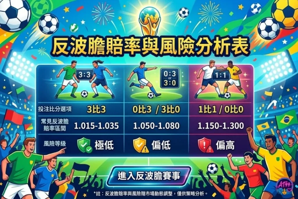 世界盃反波膽勝率與風險分析表，橫向拆解高難度高賠率比分、中等比分與低風險超高勝率之反波膽賠率。