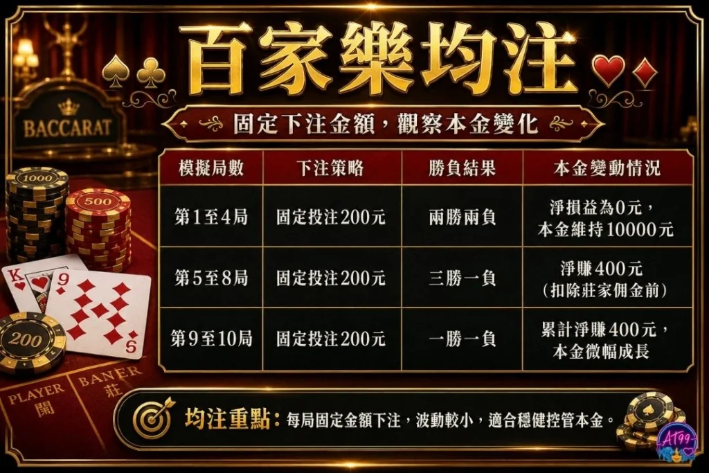 百家樂均注策略分析表,說明固定下注金額與本金保值控管流程。