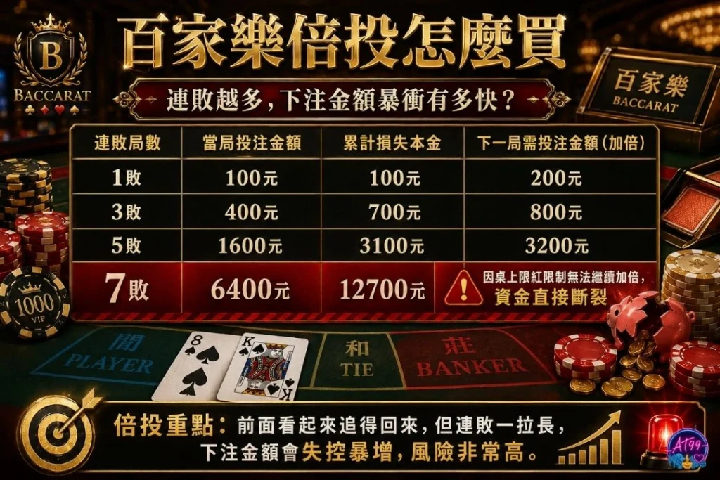百家樂倍投金額計算圖表與馬丁格爾策略輸了加倍下注的風險評估。