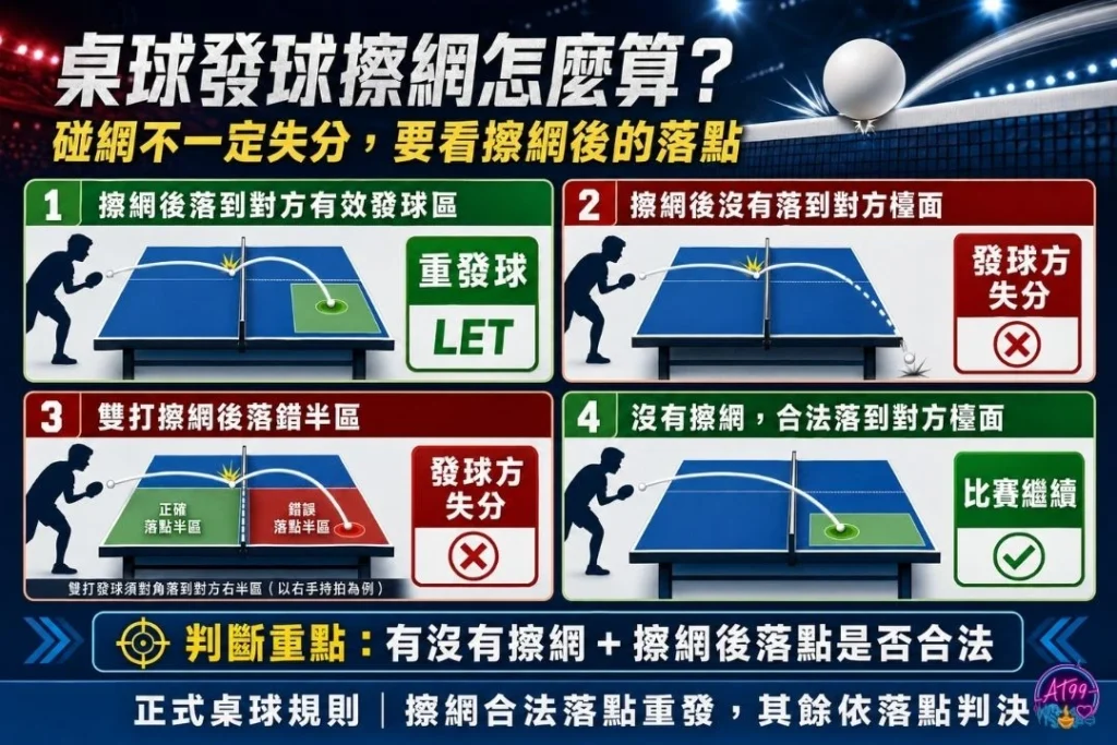 桌球發球擦網與犯規判定圖表,解說擦網重發(LET)與發球失分犯規之桌球比賽規則。