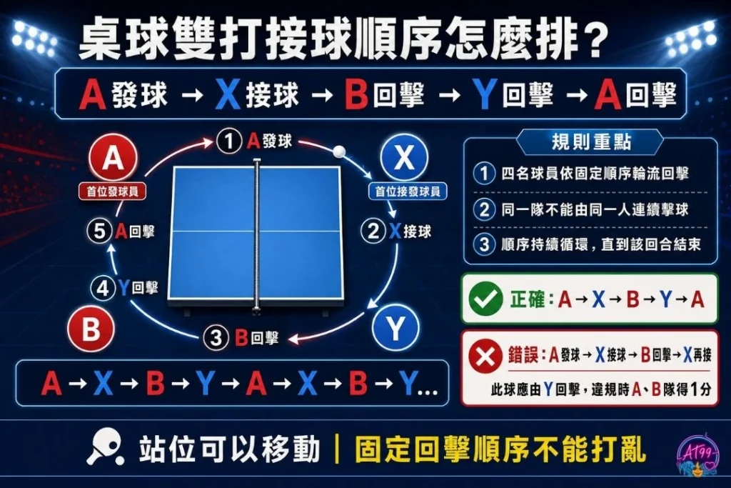 桌球雙打換球順序與站位教學圖,拆解A、B、X、Y四位選手的桌球雙打規則接發球輪替。