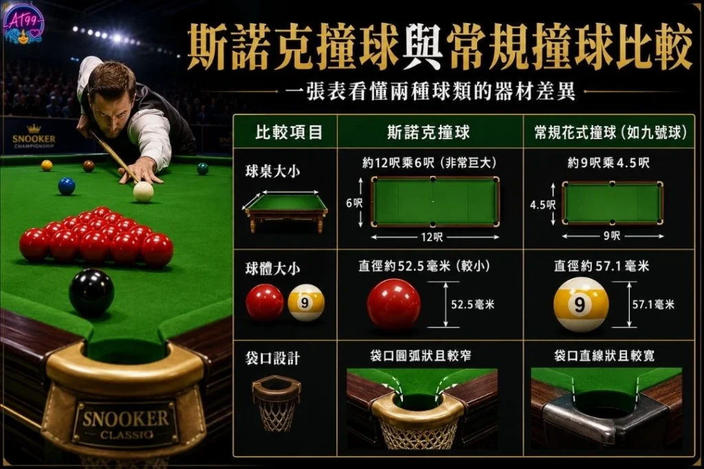 斯諾克撞球與常規撞球比較圖表,分析球檯大小、球體直徑與袋口設計差異。