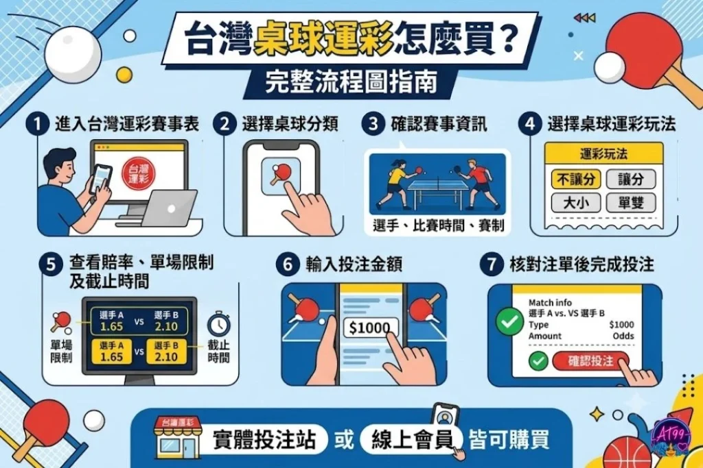 台灣桌球運彩怎麼買6步驟流程圖,展示登入會員、選擇桌球賽事、挑選玩法賠率與確認投注。
