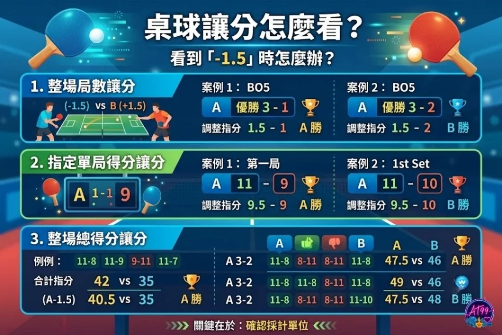 桌球讓分怎麼看教學圖表,對比讓局數(讓1.5局)、單局讓分數(讓2.5分)與總得分讓分等盤口計算方式。