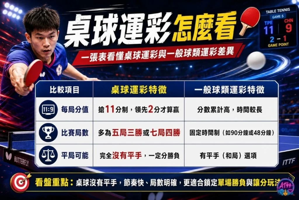 桌球運彩怎麼看大數據分析表格,左側特寫桌球國手專注揮拍,中央詳細橫向量化對比奧運桌球與一般WTT巡迴賽在格局規模、出戰動態及賽規變更等核心維度的評估指標。