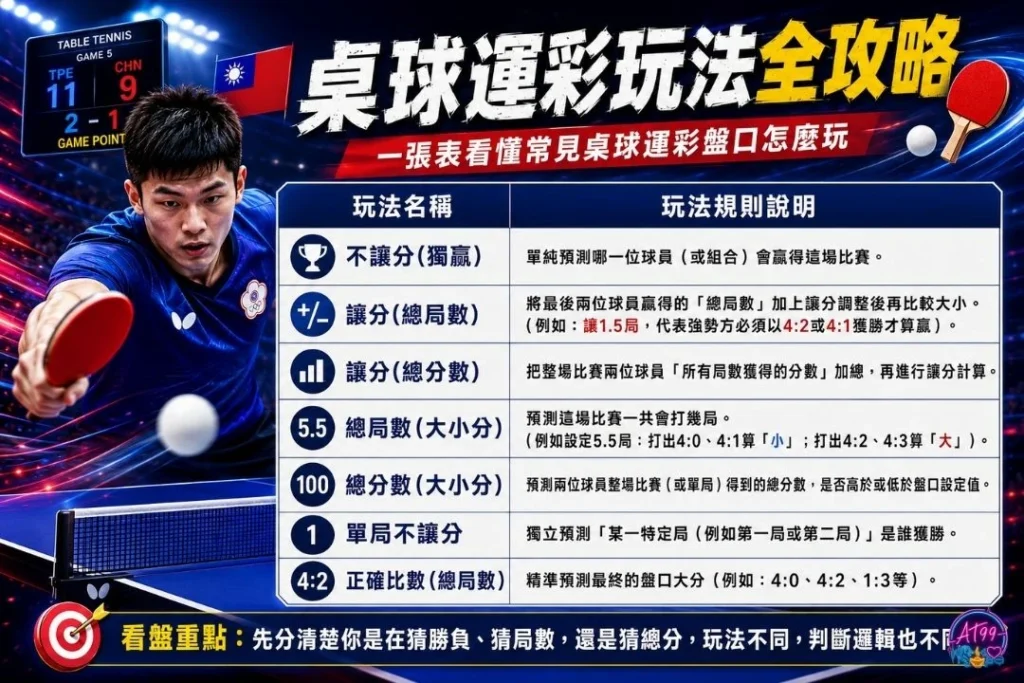 桌球運彩玩法全攻略與精選盤口定義表格,左側為乒乓球員大力扣殺,橫向量化羅列不讓分、讓分盤、大小盤、單雙、單局不讓分、以及單局大小之六大官方操作定義。