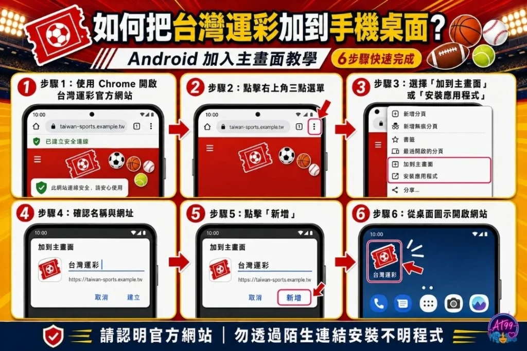 Android將台灣運彩加到手機桌面捷徑教學,指導運彩app Android用戶透過Chrome瀏覽器設定。