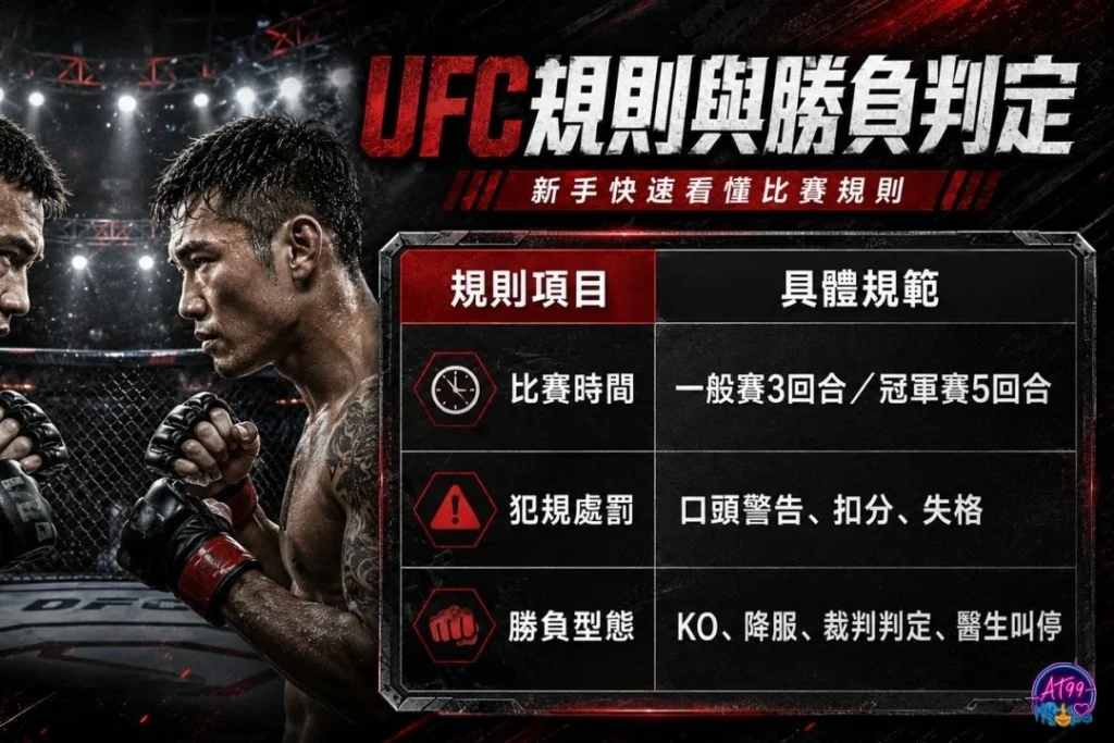 UFC規則與勝負判定智庫圖表,橫向量化羅列比賽時間(一般賽3回合、冠軍賽5回合)、違規處罰、以及KO/TKO、降伏、裁判判定等三大勝負指南。