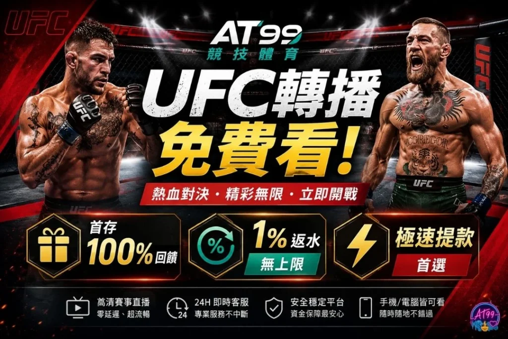 AT99娛樂城UFC轉播免費看推廣頁面,兩側特寫康納等UFC王牌冠軍車手熱血咆哮,下方標註首儲100%福利、最高天天1%無上限退水與尊享極速轉帳。