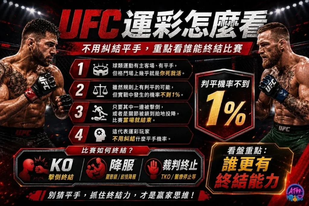 UFC運彩分析四大核心戰力指標圖卡,兩側展示鐵血冠軍車手正面對沖,中央詳細羅列有效打擊率、防摔率、以及KO終結能力等風控數據評估指標。