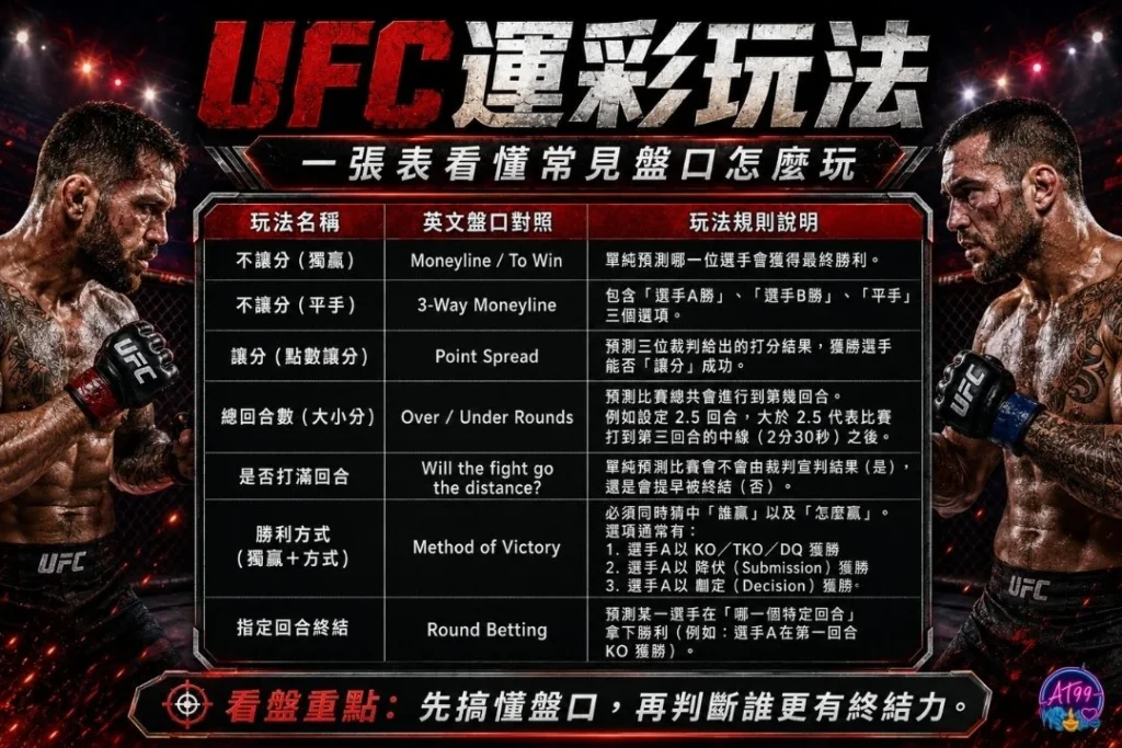UFC運彩玩法與精選盤口定義表格,詳細羅列不讓分、讓分、總回合數大小、以及贏取方式等官方操作定義表格。